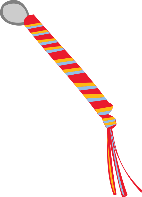 Red keychain with a yellow and blue braided pattern.